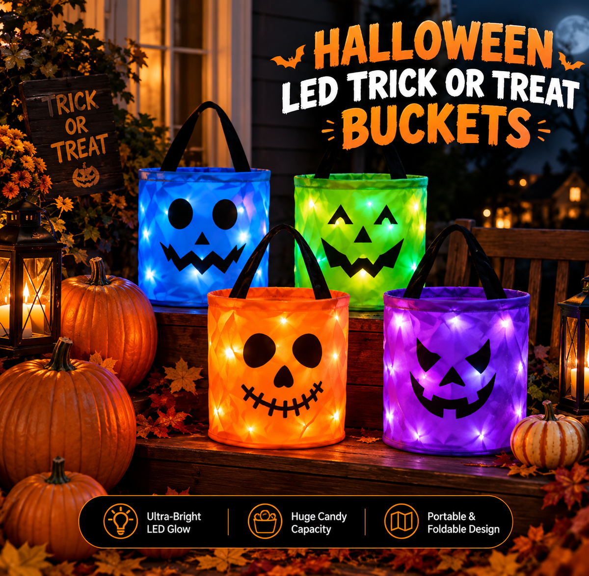 Halloween Luminous Pumpkin Candy Bucket, Hand-Held LED Fabric Candy Bag, Holiday Party Decoration Gift