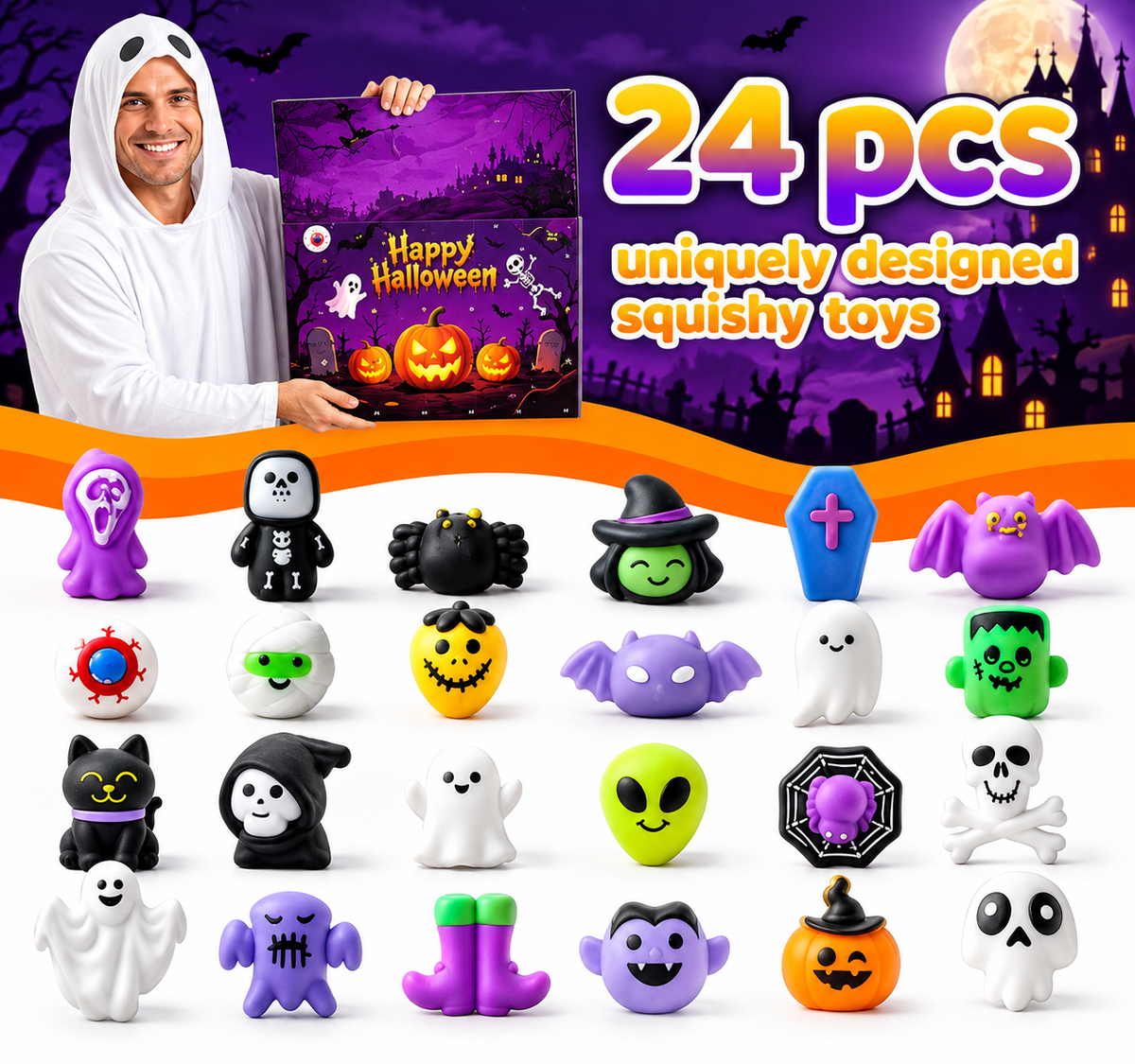 🎃 Halloween Mini Squishy Blind Box – Ghost, Pumpkin & Witch Surprise Gift