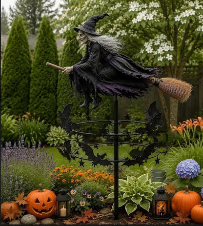 🎃 Flying Witch Halloween Garden Decor – Rotating Metal Windmill